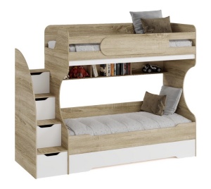 Двухъярусная кровать БИГ (левая). Дуб сонома+белый 90х200