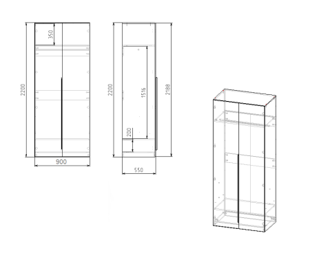 Шкаф 2-х дверный коллекции Брайт Золотистый (внутри штанга + полки) от Династия Kids