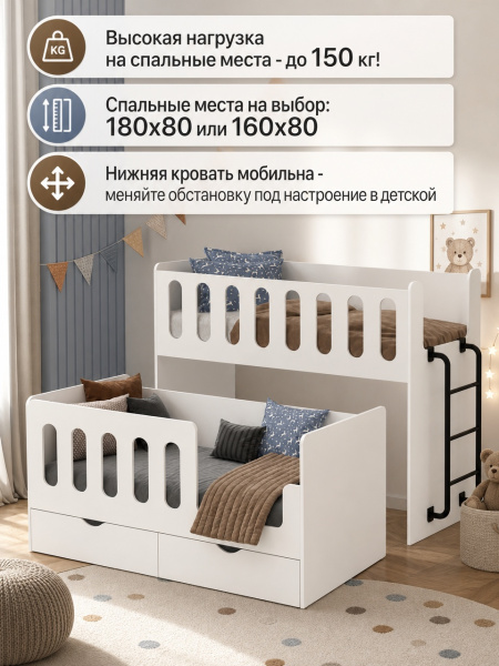 Двухъярусная выдвижная кровать Близняшки 160х80  от Династия Kids