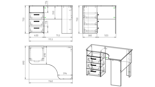 Стол угловой Твой Стиль с 3 ящиками от Династия Kids