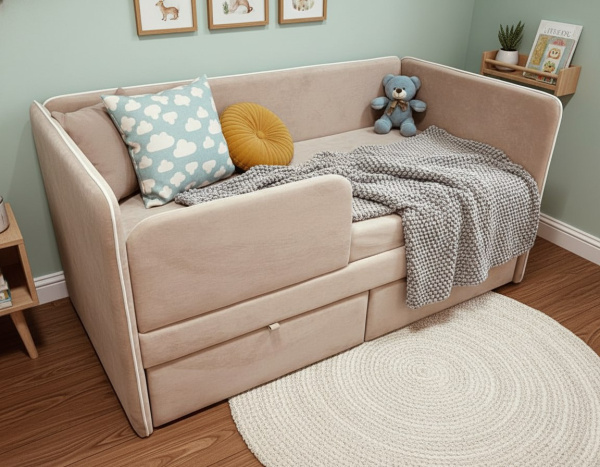 Мягкая кровать Эрмика 80х160 с ящиками. Велюр Тедди 304 (бежевый)