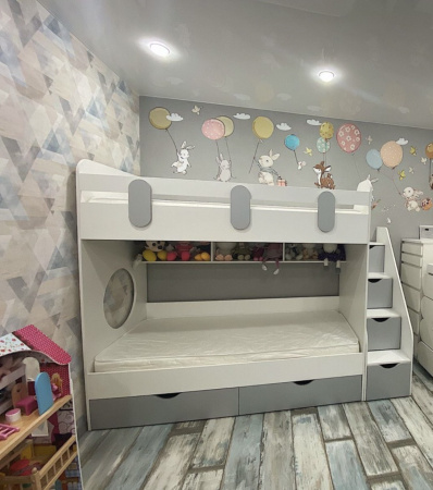 Двухъярусная кровать Фортуна (правая) Серебро+белый 180х80 от Династия Kids