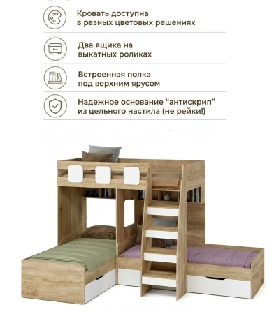 Кровать 3-х ярусная Династия (дуб сонома+белый) + ПОРУЧНИ 2 шт.