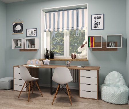 Комплект для 2 школьников: стол Дуэт 2200 мм + настенные полки Квадрат-2 (2 шт) от Династия Kids