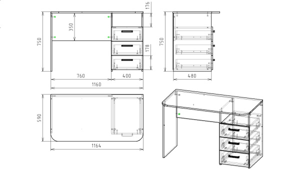 Стол Твой Стиль с 3 ящиками  от Династия Kids