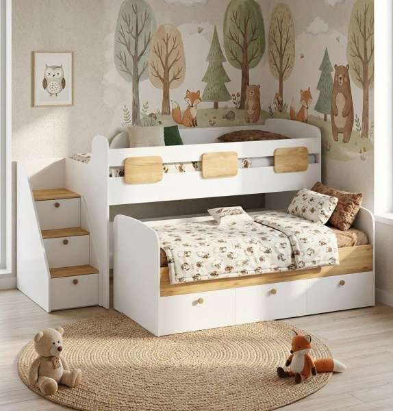 Кровать ДРИМ-2 (корпус белый+фасады дуб золотистый) + лестница-комод