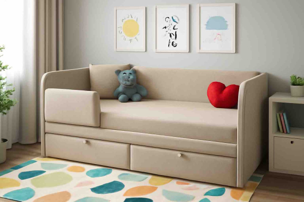 Мягкая кровать Эрмика 80х160 с ящиками. Велюр Тедди 304 (бежевый)