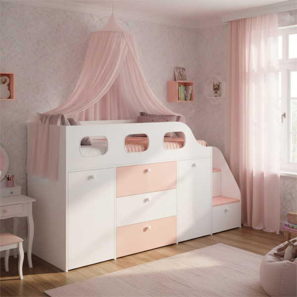 Кровать-чердак Хэппи 180х80 (айскрим+белый)  от Династия Kids