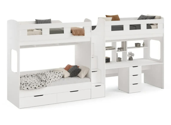 Кровать 3-х ярусная Квартет + стол для 2 детей (велюр + белый)