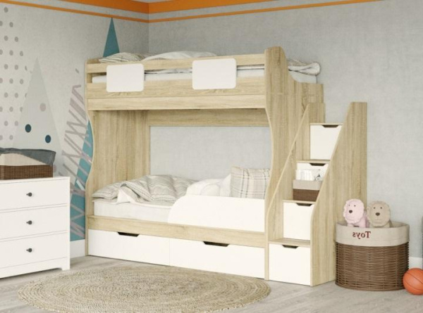 Кровать двухъярусная Дуэт 180х80 (корпус дуб сонома + фасады белые) 