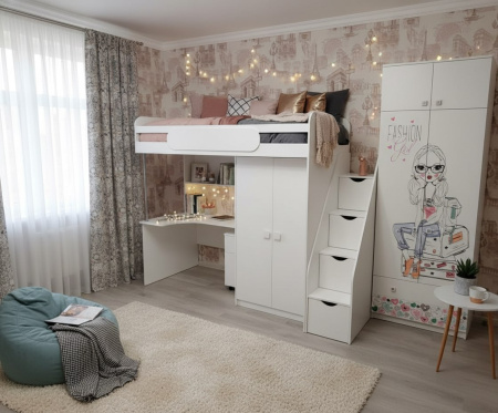 Кровать-чердак 90х200 Колледж-2 (дуб сонома + белый) от Династия Kids