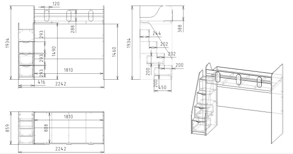 Кровать-чердак Уют-2 + Стол Уют-2 + Шкаф Уют-2  от Династия Kids