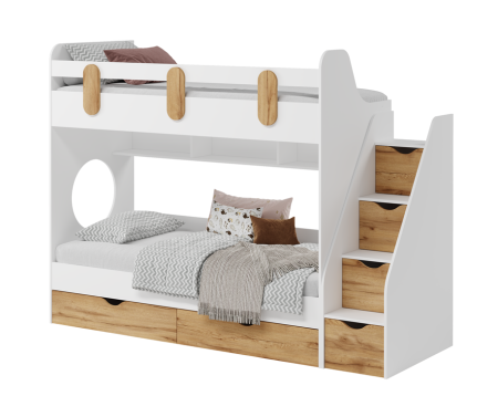 Кровать двухъярусная 180х80 Фортуна (корпус белый+фасады дуб золотистый)  от Династия Kids