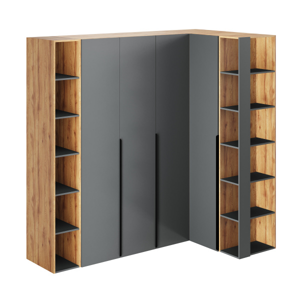 Стеллаж переходной + распашной шкаф + угловой шкаф + пенал + торцевая приставка коллекции Брайт Графит  