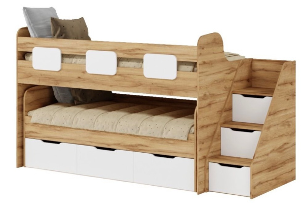 Кровать 2-х ярусная Городок (дуб золотистый + белый) от Династия Kids