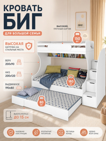 Кровать двухъярусная БИГ (цвет белый) 200х120 от Династия Kids