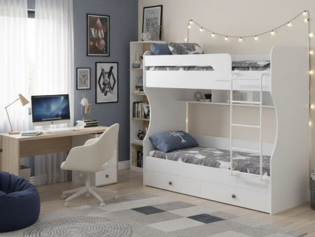 2-х ярусная кровать Омега 190х80 (цвет белый + лестница белая) от Династия Kids