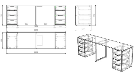 Стол Дуэт 2200 мм (две тумбы) дуб каньон+белый. Опора черная от Династия Kids