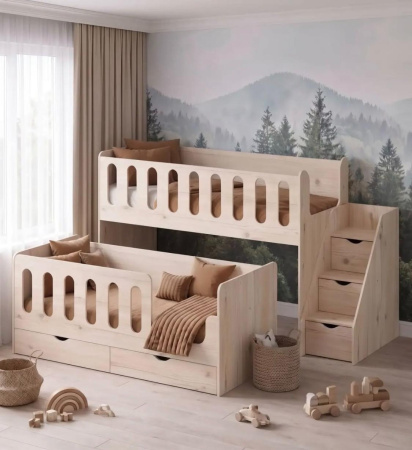 Кровать Близняшки 180х80 (гаскон пайн) + лестница-комод от Династия Kids