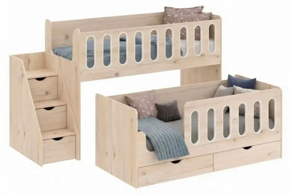 Кровать Близняшки 180х80 (гаскон пайн) + лестница-комод от Династия Kids