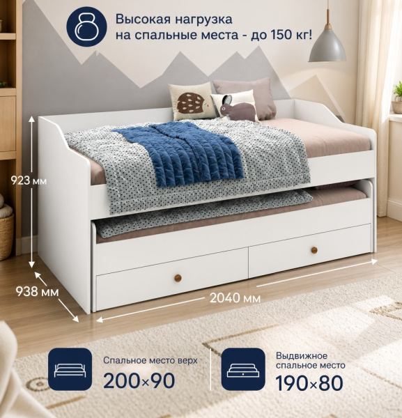 Выдвижная 2-х ярусная кровать Портал 200х90 + 190х80  от Династия Kids