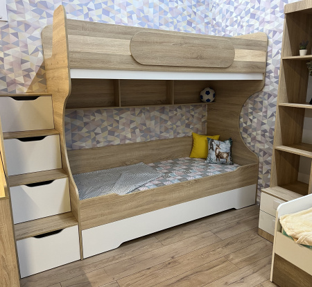 Кровать 3-х ярусная Биг (дуб сонома + белый) 200х90 от Династия Kids