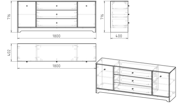 Тумба-комод Норд 2 (дуб каньон+белый) 180 см от Династия Kids