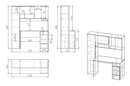 Стол Кабинет 1550 мм (корпус белый + фасады дуб сонома). Левый/правый