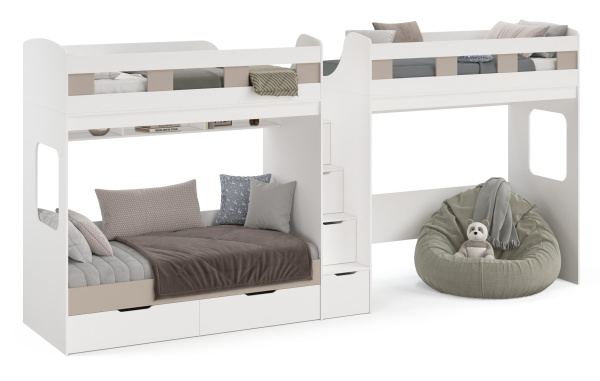 Кровать 3-х ярусная Квартет (корпус белый + фасады велюр)