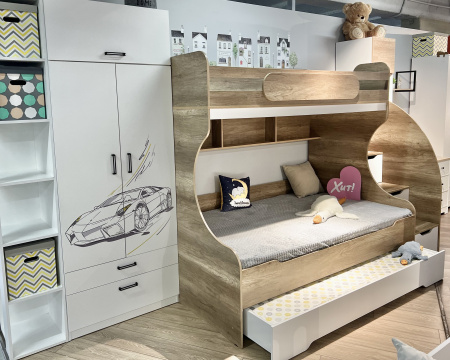Кровать 3-х ярусная Биг 120х200 (дуб каньон + белый) от Династия Kids