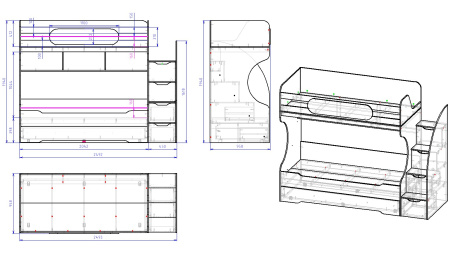 Кровать 3-х ярусная Биг (дуб сонома + белый) 200х90 от Династия Kids