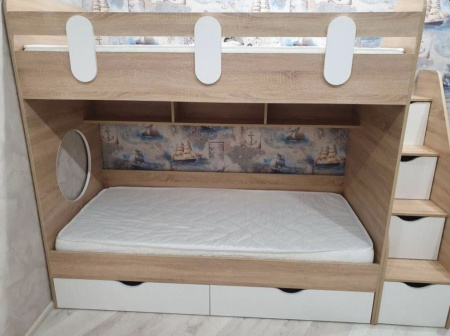 Двухъярусная кровать Фортуна (правая) Корпус дуб сонома+фасады белые 180х80  от Династия Kids